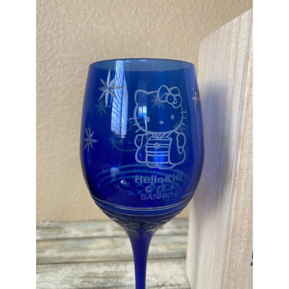 Hello Kitty Edo Kiriko Champagne Glass Blue w/ Wooden Box Sanrio Japan 2017 - Picture 3 of 12